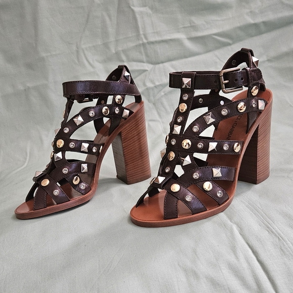 Dolce & Gabbana Brown Leather Studded Luxury Sandals Heels Size 5 US( Worn 1x) - Picture 3 of 16